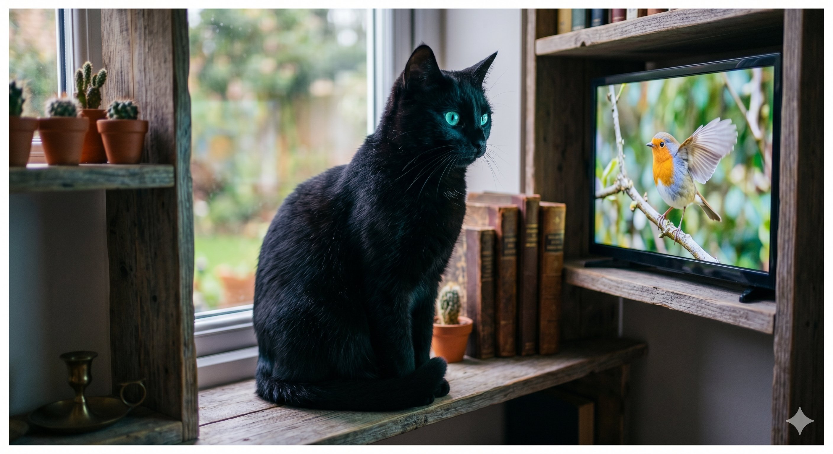 Sleek black cat with vivid teal eyes staring at a small TV showing a robin on a branch